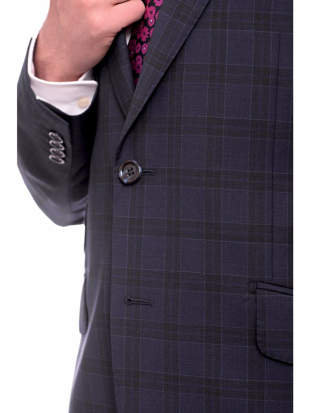 Napoli TWO PIECE SUITS Men&#39;s Napoli Classic Fit Blue Windowpane Plaid Super 150s 100% Italian Wool Suit