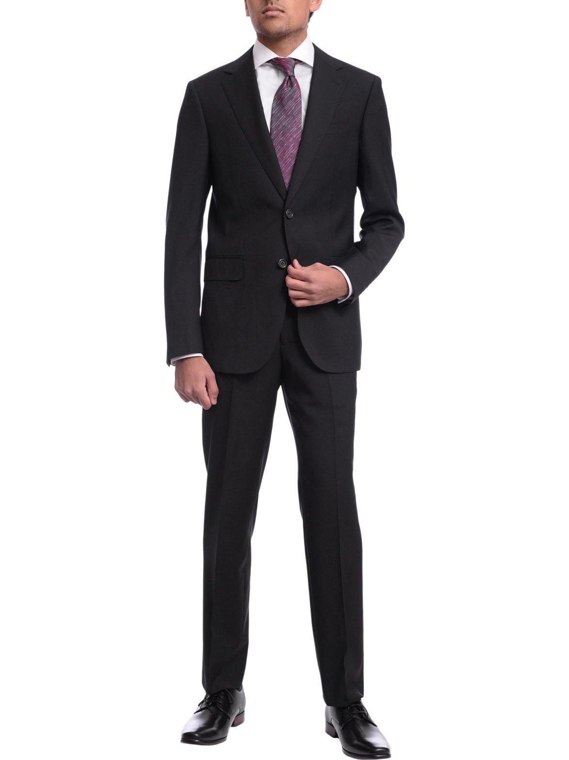 Napoli TWO PIECE SUITS Men&#39;s Napoli Slim Fit Black Textured Half Canvassed Two Button Reda Wool Suit