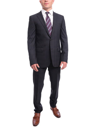 Napoli TWO PIECE SUITS Men's Napoli Slim Fit Blue Plaid Half Canvassed 2 Button Super 150s Wool Suit