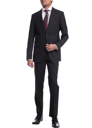 Napoli TWO PIECE SUITS Mens Napoli Slim Fit Black Textured Check Half Canvassed 2 Button Reda Wool Suit