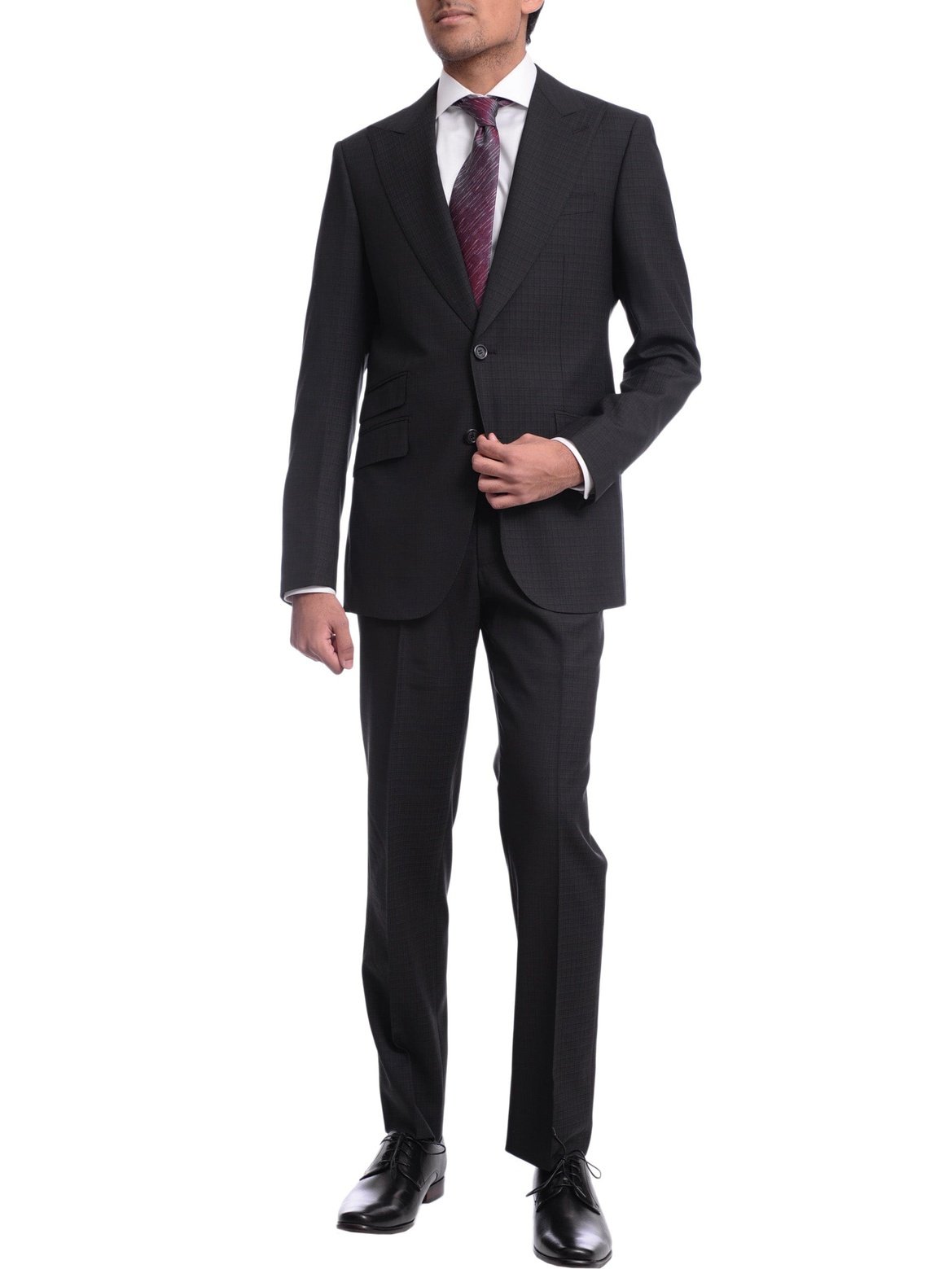 Napoli TWO PIECE SUITS Mens Napoli Slim Fit Black Textured Check Half Canvassed 2 Button Reda Wool Suit