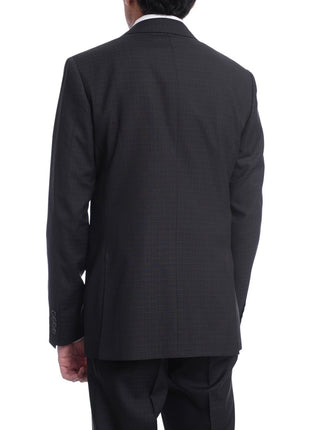 Napoli TWO PIECE SUITS Mens Napoli Slim Fit Black Textured Check Half Canvassed 2 Button Reda Wool Suit
