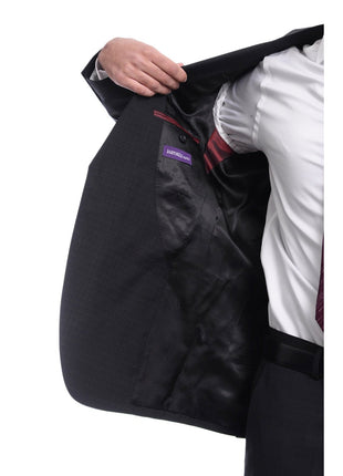 Napoli TWO PIECE SUITS Mens Napoli Slim Fit Black Textured Check Half Canvassed 2 Button Reda Wool Suit