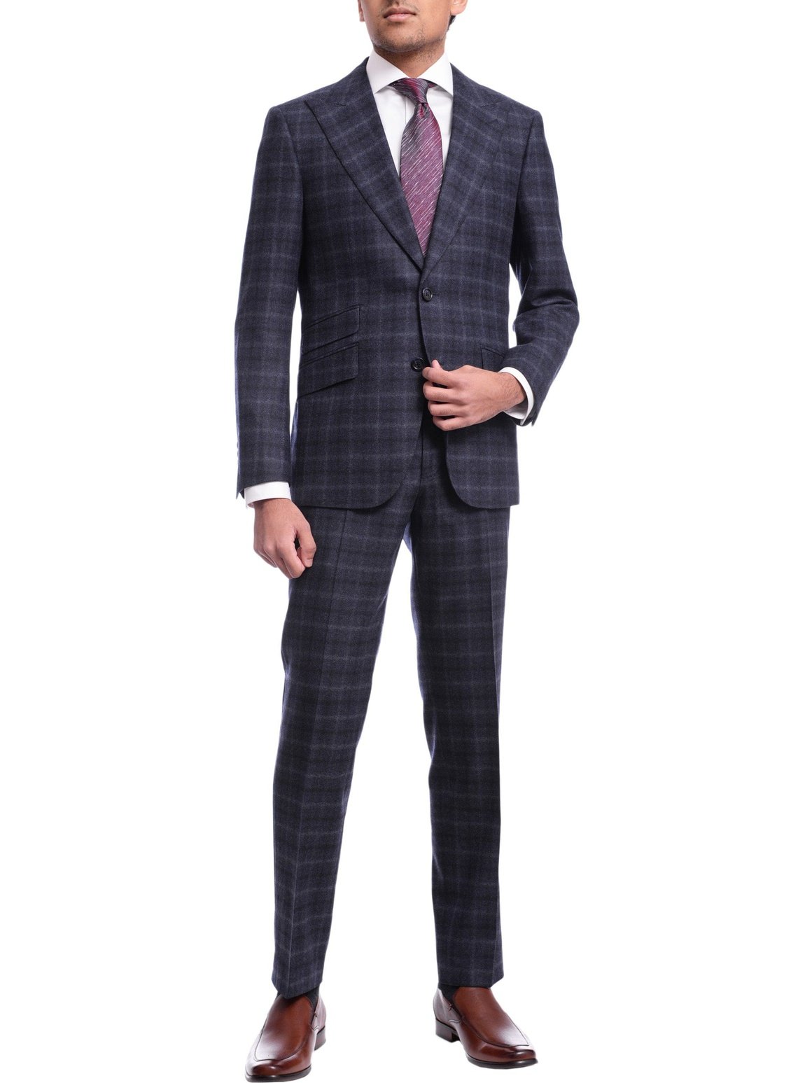 Napoli TWO PIECE SUITS Mens Napoli Slim Fit Blue Plaid Half Canvassed Flannel Reda Wool Suit