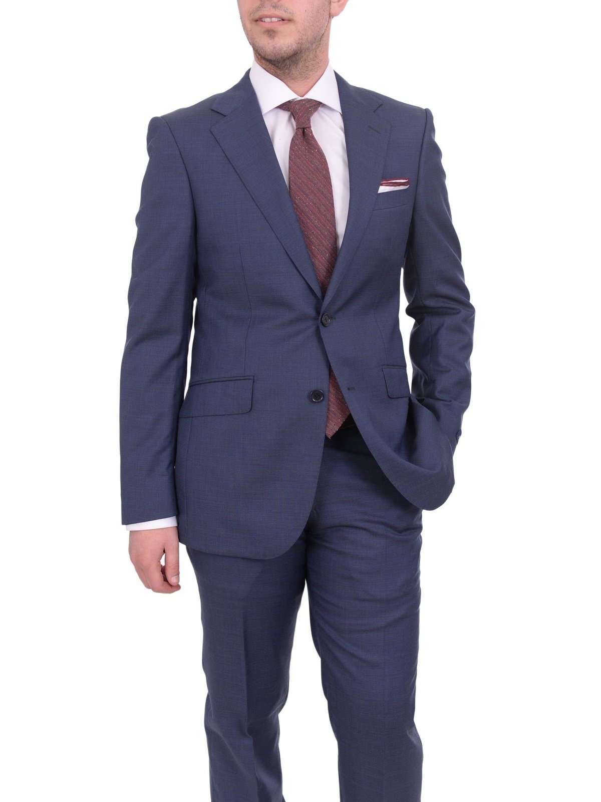 Napoli TWO PIECE SUITS Mens Napoli Slim Fit Blue Textured Two Button Half Canvassed Marzotto Wool Suit