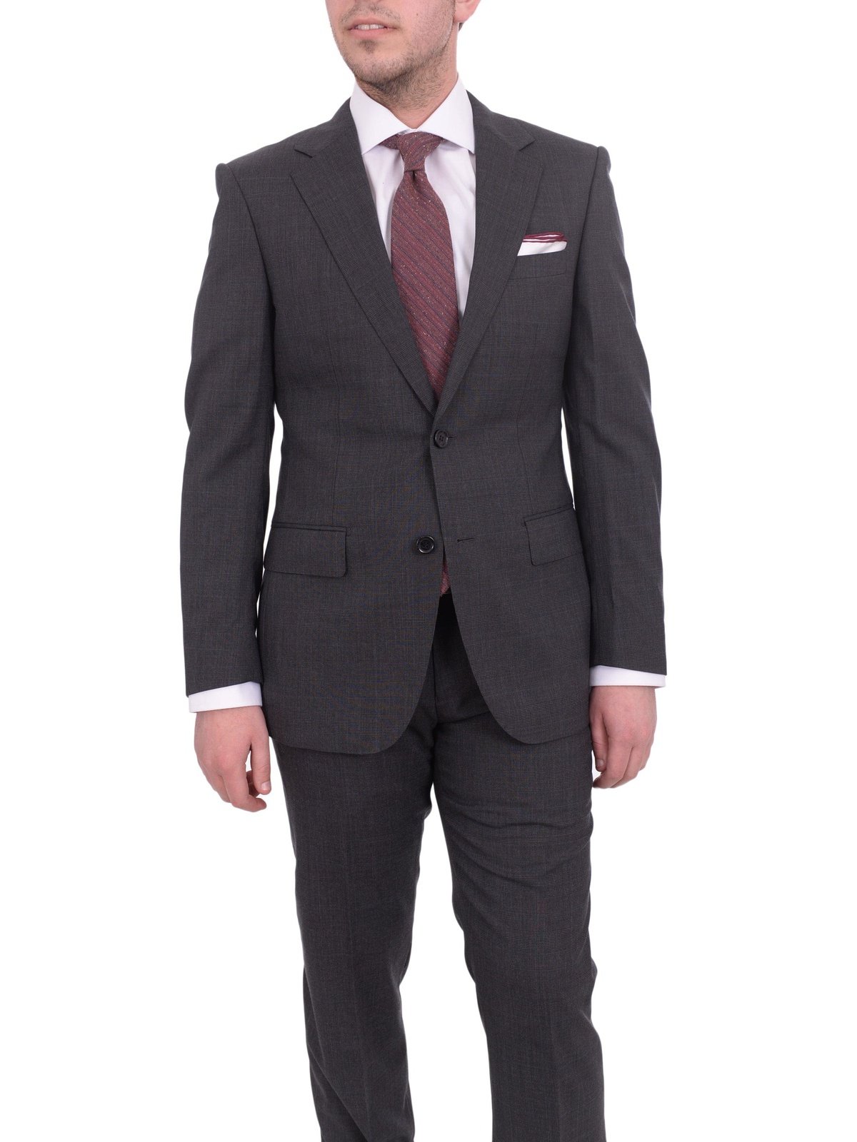 Napoli TWO PIECE SUITS Mens Napoli Slim Fit Gray Glen Plaid Half Canvassed Marzotto Wool Suit