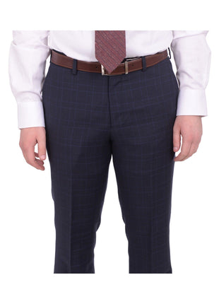 Napoli TWO PIECE SUITS Mens Napoli Slim Fit Navy Blue Plaid Half Canvassed Super 150s Wool Suit