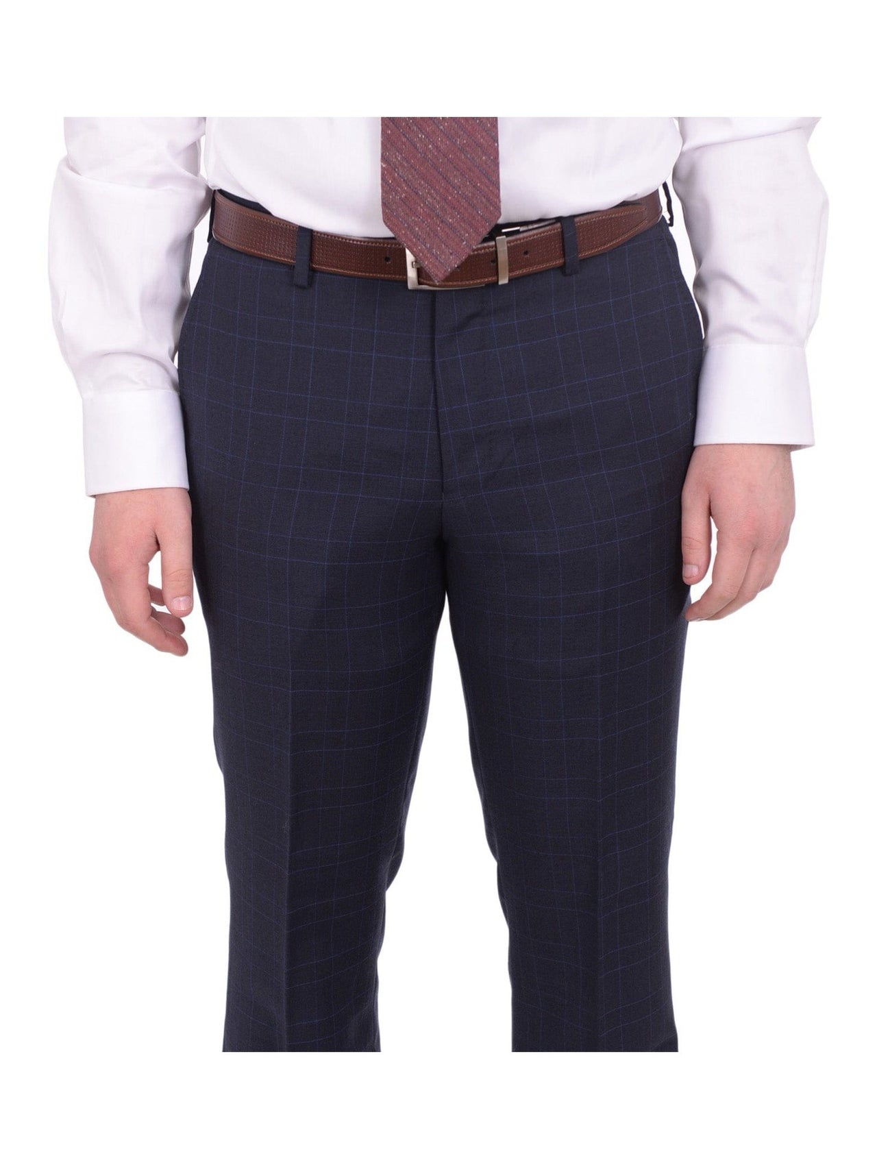 Napoli TWO PIECE SUITS Mens Napoli Slim Fit Navy Blue Plaid Half Canvassed Super 150s Wool Suit