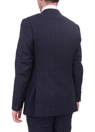 Napoli TWO PIECE SUITS Mens Napoli Slim Fit Navy Blue Plaid Half Canvassed Super 150s Wool Suit