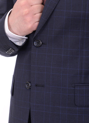 Napoli TWO PIECE SUITS Mens Napoli Slim Fit Navy Blue Plaid Half Canvassed Super 150s Wool Suit