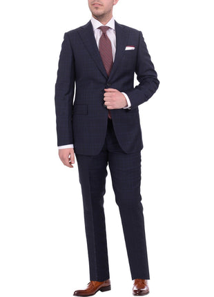 Napoli TWO PIECE SUITS Mens Napoli Slim Fit Navy Blue Plaid Half Canvassed Super 150s Wool Suit