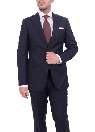 Napoli TWO PIECE SUITS Mens Napoli Slim Fit Navy Blue Plaid Half Canvassed Super 150s Wool Suit