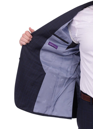 Napoli TWO PIECE SUITS Mens Napoli Slim Fit Navy Blue Plaid Half Canvassed Super 150s Wool Suit
