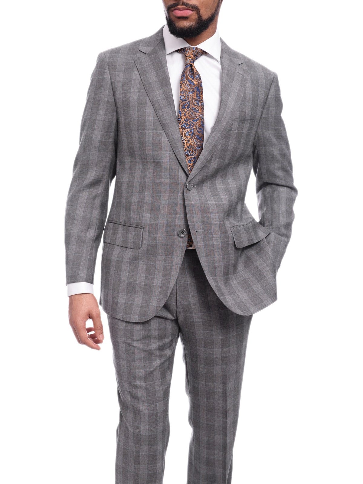 Napoli TWO PIECE SUITS Napoli Classic Fit Gray Glen Plaid Half Canvassed Super 150s Wool Suit