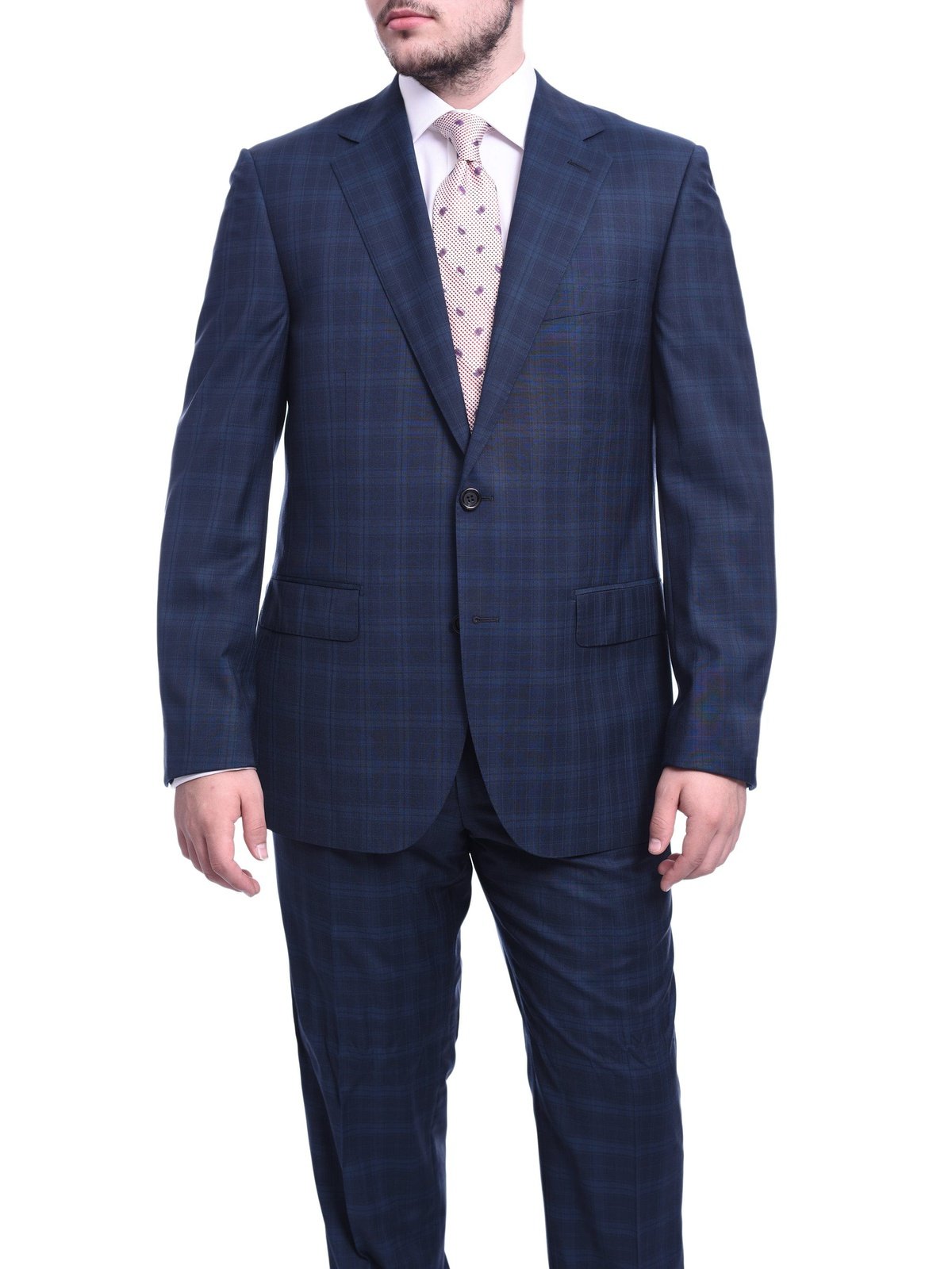 Napoli TWO PIECE SUITS Napoli Classic Fit Navy Blue Plaid Half Canvassed Super 120s Guabello Wool Suit
