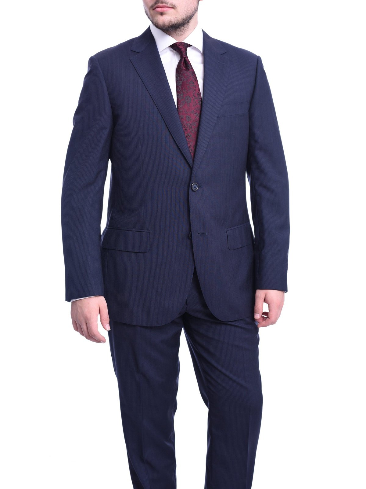 Napoli TWO PIECE SUITS Napoli Classic Fit Navy Blue Tonal Striped Half Canvassed Guabello Wool Suit