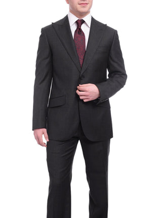 Napoli TWO PIECE SUITS Napoli Classic Fit Solid Charcoal Gray Wool Cashmere Blend Suit Wide Peak Lapels