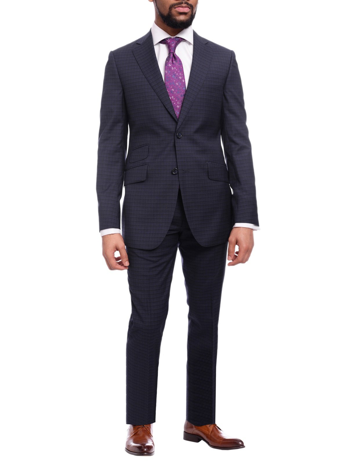 Napoli TWO PIECE SUITS Napoli Slim Fit Blue &amp; Black Check Two Button Half Canvassed Wool Suit