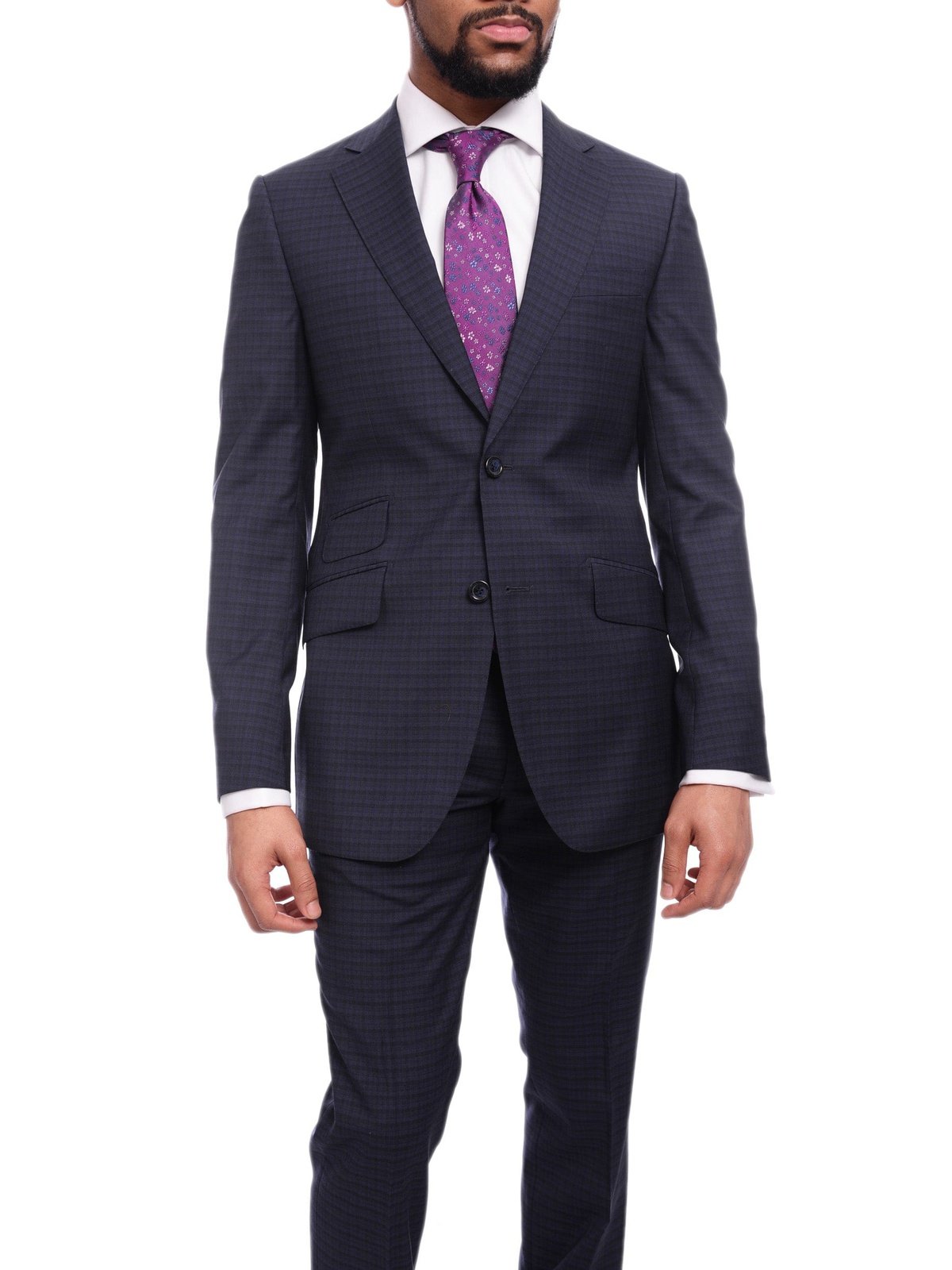 Napoli TWO PIECE SUITS Napoli Slim Fit Blue & Black Check Two Button Half Canvassed Wool Suit