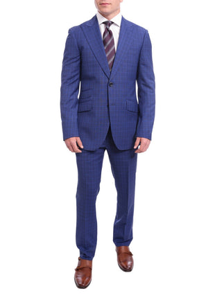 Napoli TWO PIECE SUITS Napoli Slim Fit Blue Glen Plaid Half Canvassed Wool Suit Wide Peak Lapels