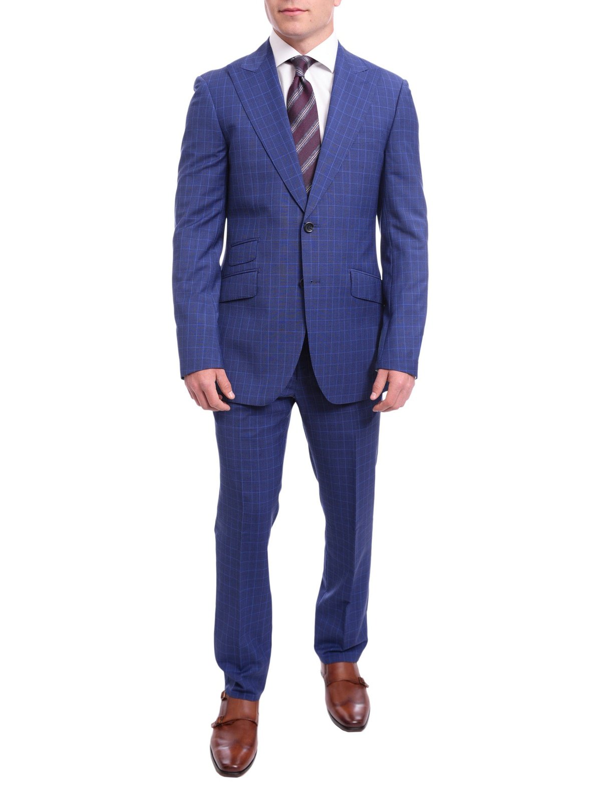 Napoli TWO PIECE SUITS Napoli Slim Fit Blue Glen Plaid Half Canvassed Wool Suit Wide Peak Lapels