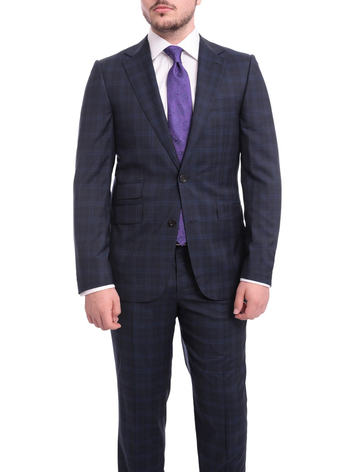 Napoli TWO PIECE SUITS Napoli Slim Fit Blue Plaid Half Canvassed Super 120s Guabello Wool Suit