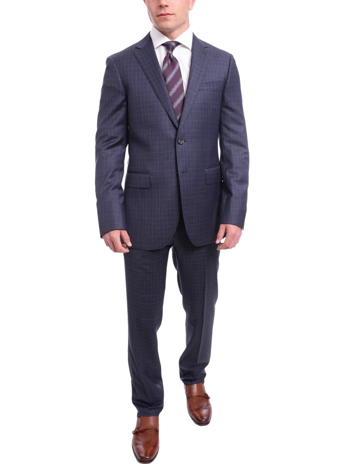 Napoli TWO PIECE SUITS Napoli Slim Fit Blue Plaid Half Canvassed Two Button Super 150s Wool Suit