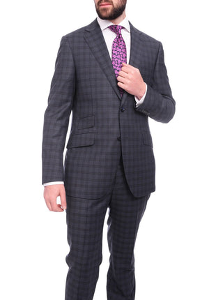 Napoli TWO PIECE SUITS Napoli Slim Fit Blue Plaid Windowpane Half Canvassed Super 150's Wool Suit