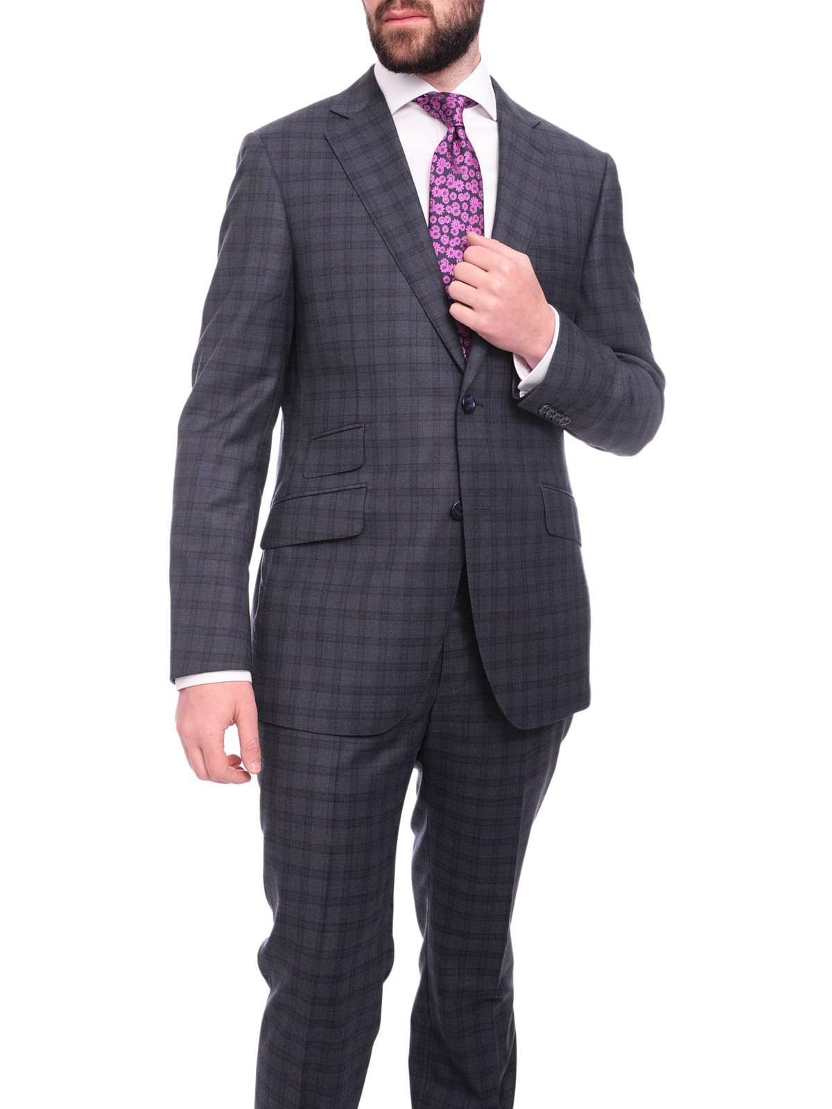 Napoli TWO PIECE SUITS Napoli Slim Fit Blue Plaid Windowpane Half Canvassed Super 150&#39;s Wool Suit