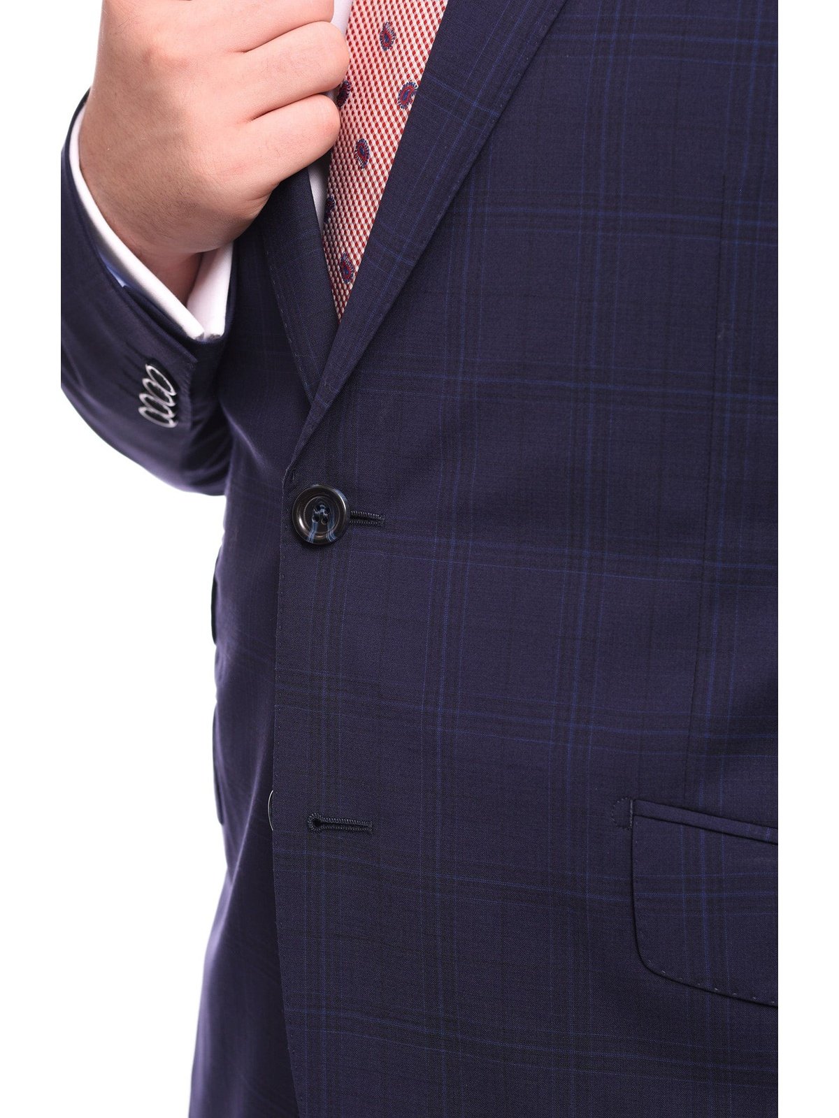 Napoli TWO PIECE SUITS Napoli Slim Fit Blue Plaid Windowpane Two Button Half Canvassed Wool Suit