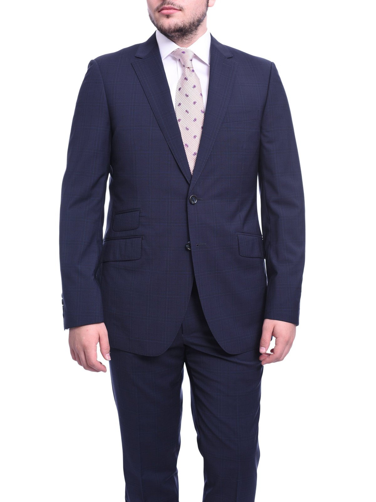 Napoli TWO PIECE SUITS Napoli Slim Fit Blue Plaid Windowpane Two Button Half Canvassed Wool Suit