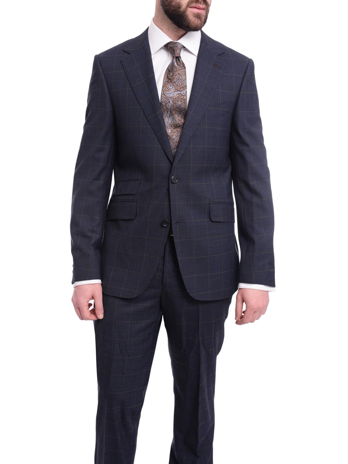 Napoli TWO PIECE SUITS Napoli Slim Fit Blue Plaid with Brown Overcheck Half Canvassed Wool Suit
