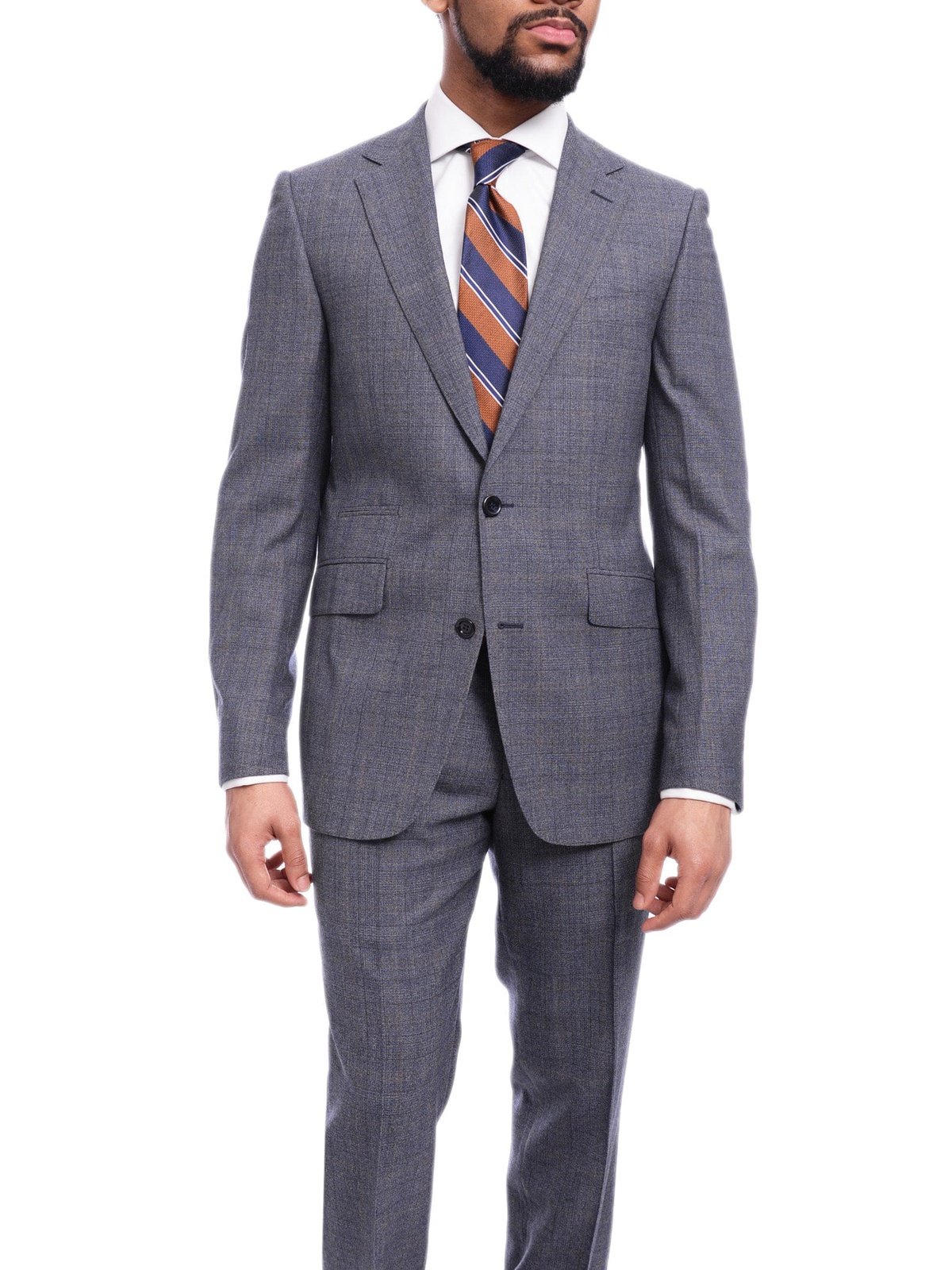 Napoli TWO PIECE SUITS Napoli Slim Fit Blue Textured Subtle Brown Plaid Half Canvassed Wool Suit