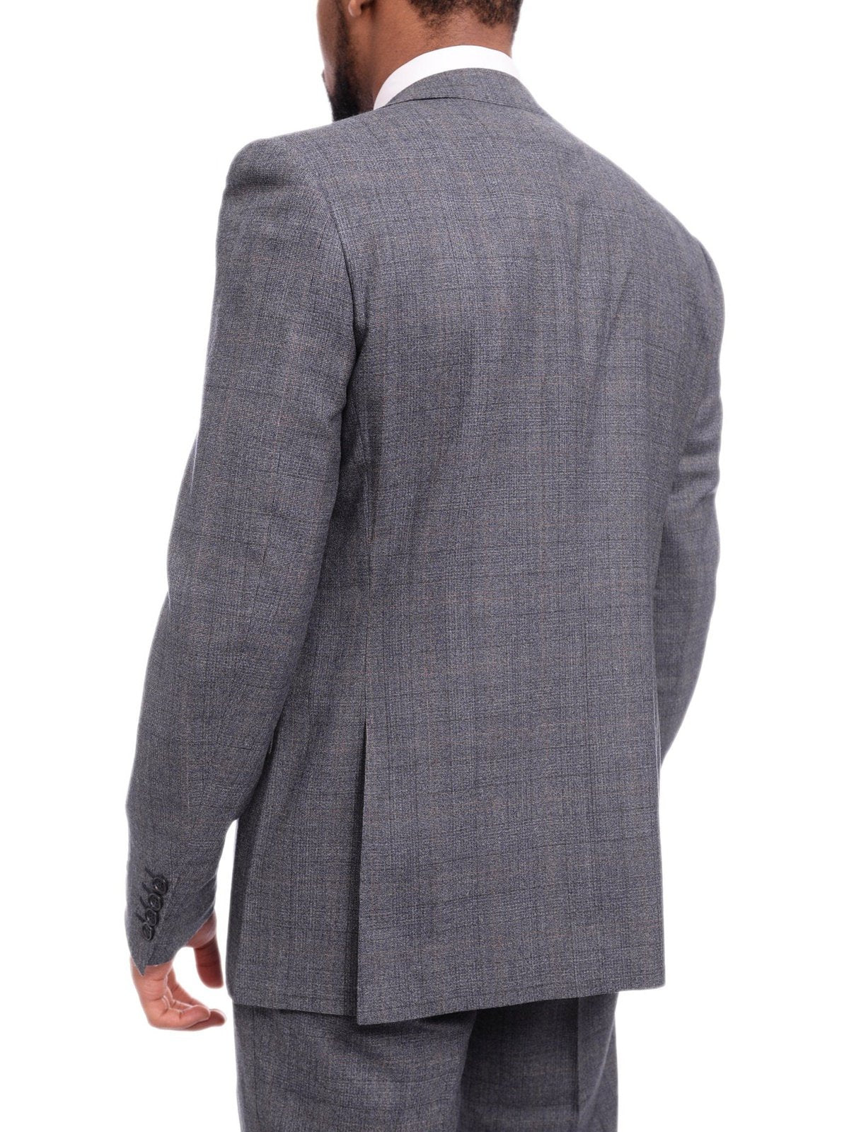 Napoli TWO PIECE SUITS Napoli Slim Fit Blue Textured Subtle Brown Plaid Half Canvassed Wool Suit