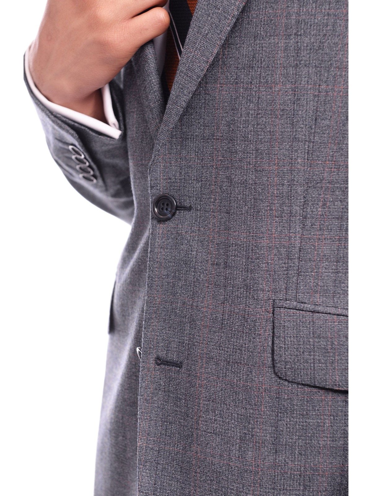 Napoli TWO PIECE SUITS Napoli Slim Fit Blue Textured Subtle Brown Plaid Half Canvassed Wool Suit