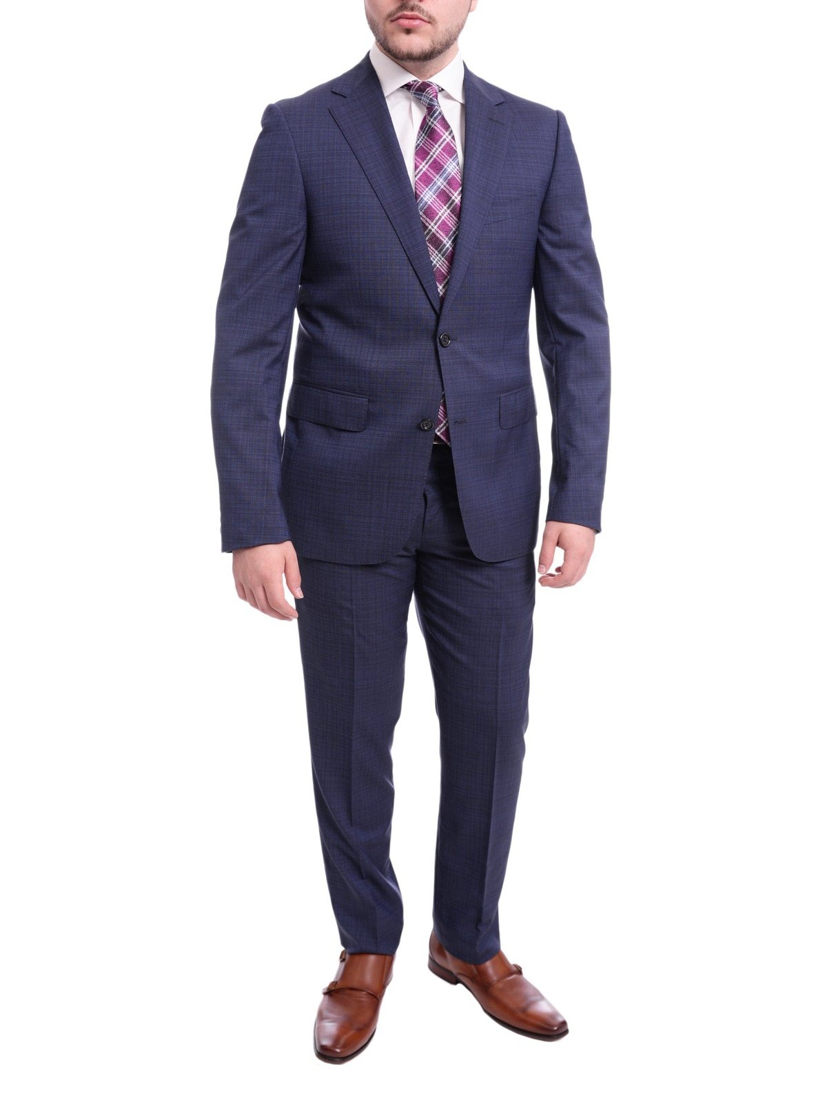 Napoli TWO PIECE SUITS Napoli Slim Fit Blue Textured Two Button Half Canvassed Wool Suit