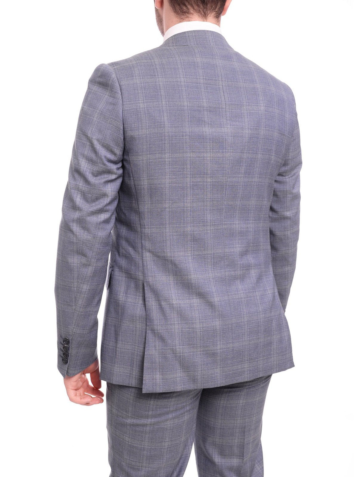 Napoli TWO PIECE SUITS Napoli Slim Fit Blue With White Plaid Half Canvassed Guabello Wool Suit