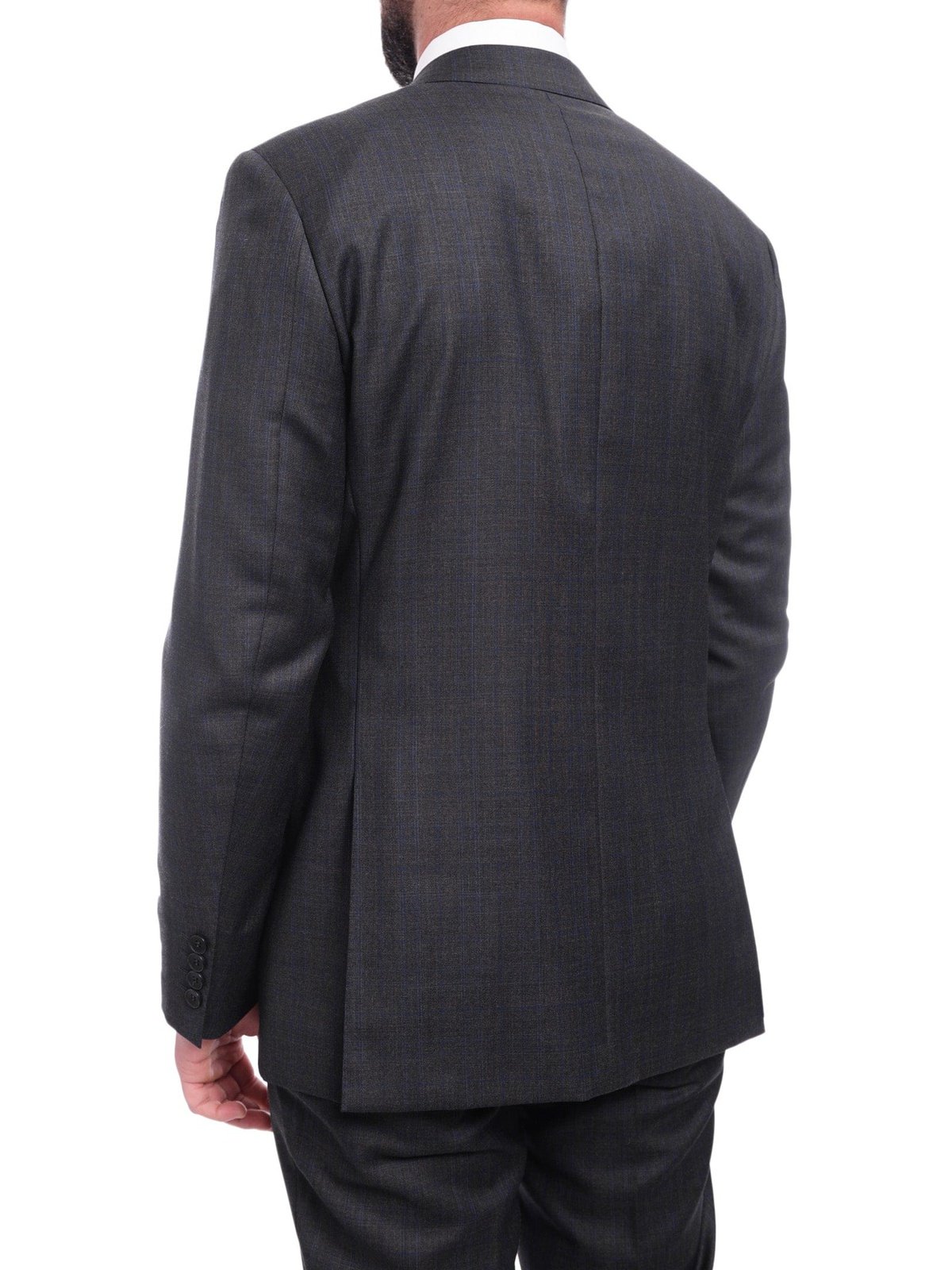 Napoli TWO PIECE SUITS Napoli Slim Fit Charcoal Gray Blue Plaid Half Canvassed Super 160s Wool Suit