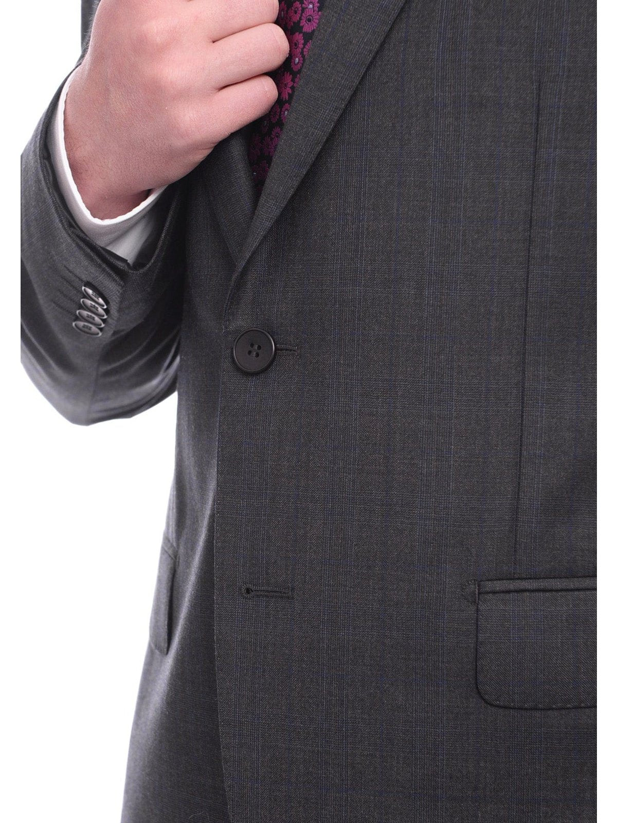 Napoli TWO PIECE SUITS Napoli Slim Fit Charcoal Gray Blue Plaid Half Canvassed Super 160s Wool Suit