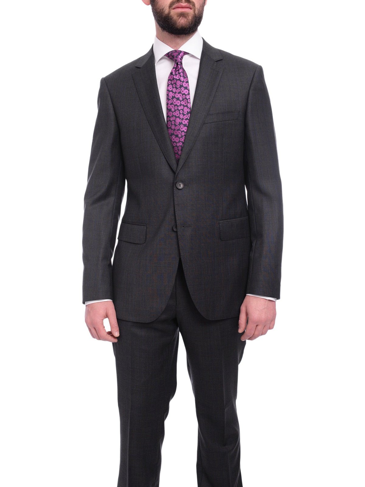 Napoli TWO PIECE SUITS Napoli Slim Fit Charcoal Gray Blue Plaid Half Canvassed Super 160s Wool Suit