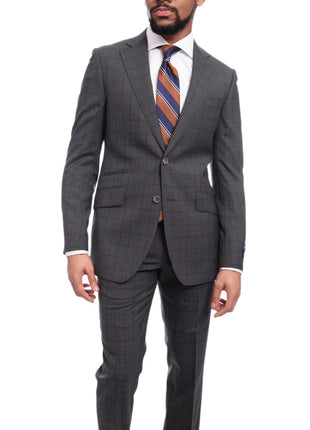 Napoli TWO PIECE SUITS Napoli Slim Fit Charcoal Gray & Brown Plaid Half Canvassed Super 150s Wool Suit