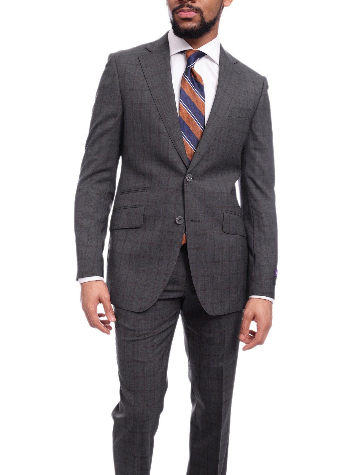 Napoli TWO PIECE SUITS Napoli Slim Fit Charcoal Gray &amp; Brown Plaid Half Canvassed Super 150s Wool Suit