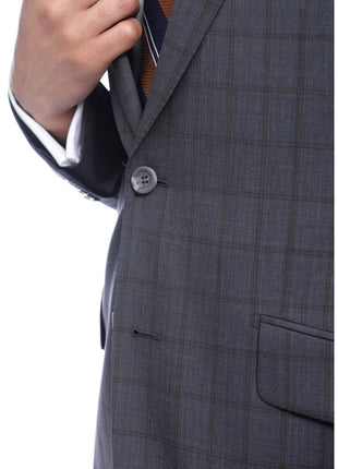 Napoli TWO PIECE SUITS Napoli Slim Fit Charcoal Gray & Brown Plaid Half Canvassed Super 150s Wool Suit