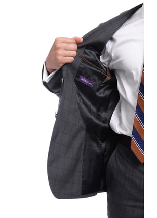 Napoli TWO PIECE SUITS Napoli Slim Fit Charcoal Gray & Brown Plaid Half Canvassed Super 150s Wool Suit