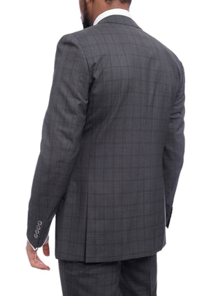 Napoli TWO PIECE SUITS Napoli Slim Fit Charcoal Gray & Brown Plaid Half Canvassed Super 150s Wool Suit