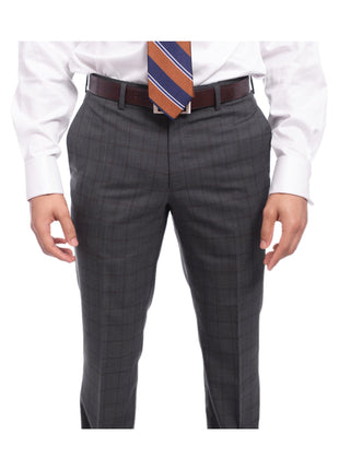 Napoli TWO PIECE SUITS Napoli Slim Fit Charcoal Gray & Brown Plaid Half Canvassed Super 150s Wool Suit