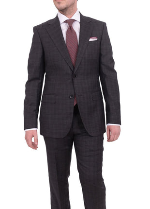 Napoli TWO PIECE SUITS Napoli Slim Fit Charcoal Gray Plaid Half Canvassed Super 150's Wool Suit