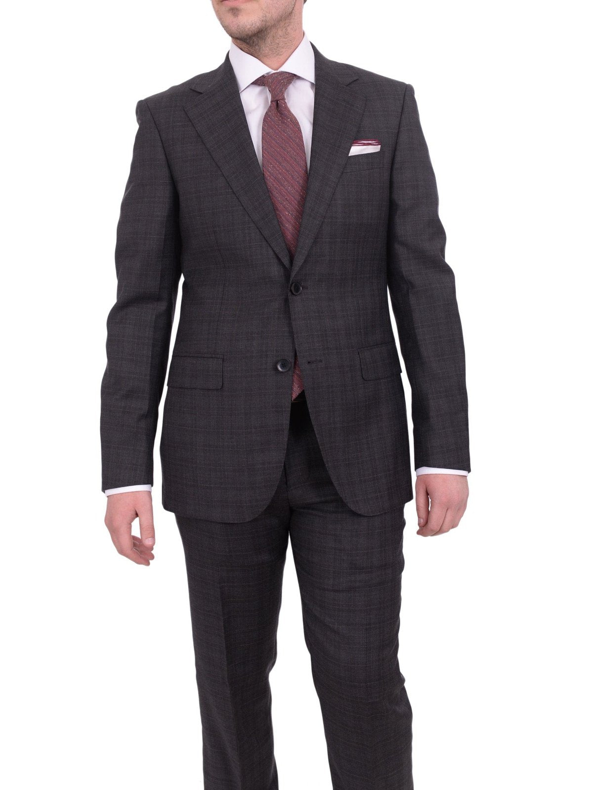 Napoli TWO PIECE SUITS Napoli Slim Fit Charcoal Gray Plaid Half Canvassed Super 150&#39;s Wool Suit