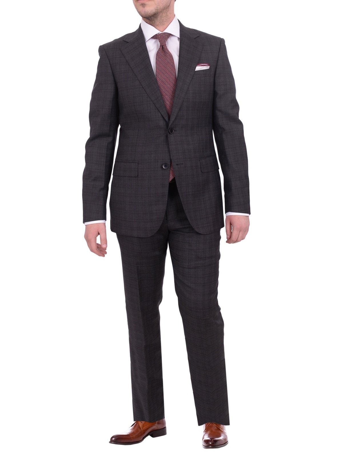 Napoli TWO PIECE SUITS Napoli Slim Fit Charcoal Gray Plaid Half Canvassed Super 150&#39;s Wool Suit