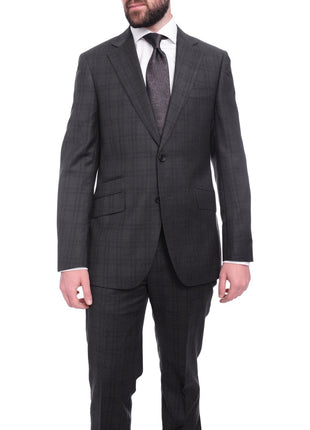 Napoli TWO PIECE SUITS Napoli Slim Fit Charcoal Gray & Purple Plaid Half Canvassed Super 150s Wool Suit